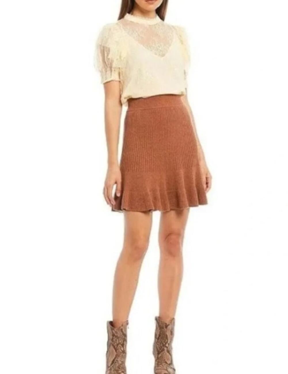 088 NWT Free People Solid Gold Knit Skirt | Color Cocoa Heather | Size Small